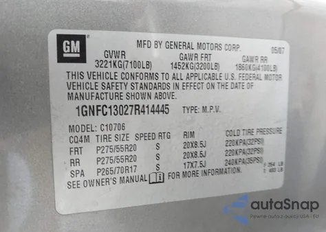 2007 Chevrolet Tahoe Ltz из США, поврежденный, VIN 1GNFC13027R414445